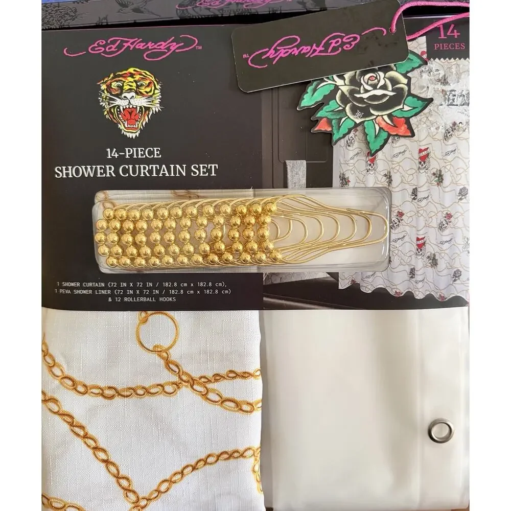 Ed Hardy Bathroom Shower Curtain Set Black Skull & Heart Tattoo Print Artwork
